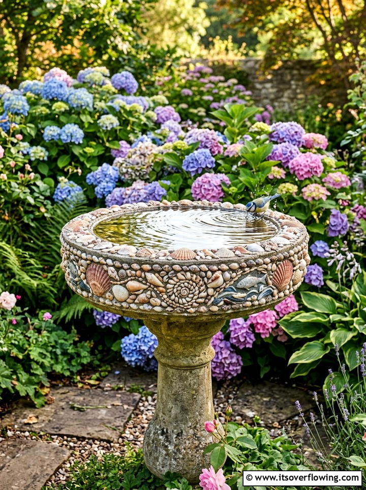 Seashell birdbath mosaic - 25 recycled garden ideas with seashells