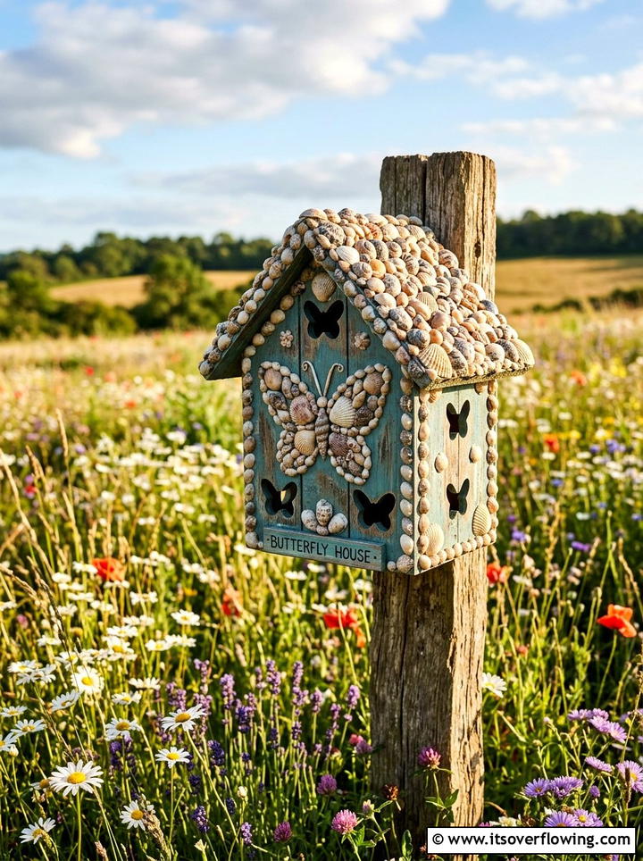 Seashell butterfly house decoration - 25 garden decor ideas with shell accents