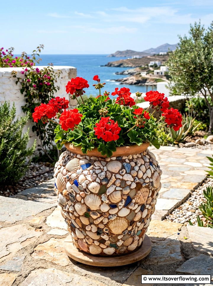 Seashell decorative flower pot - 25 recycled garden ideas with seashells