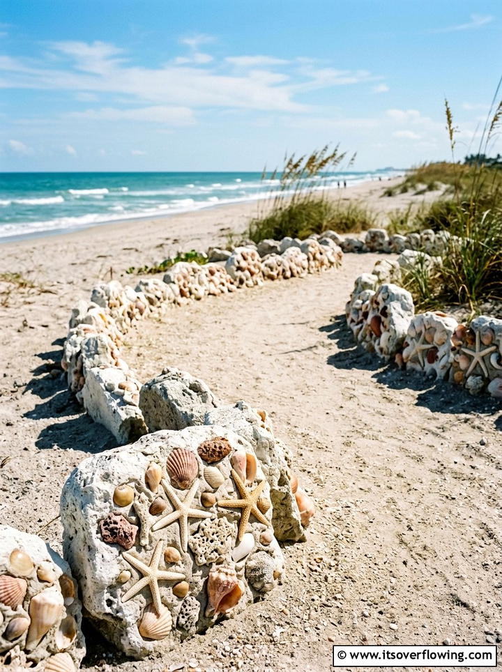 Seashell encrusted stones - 25 garden decor ideas with stepping stones
