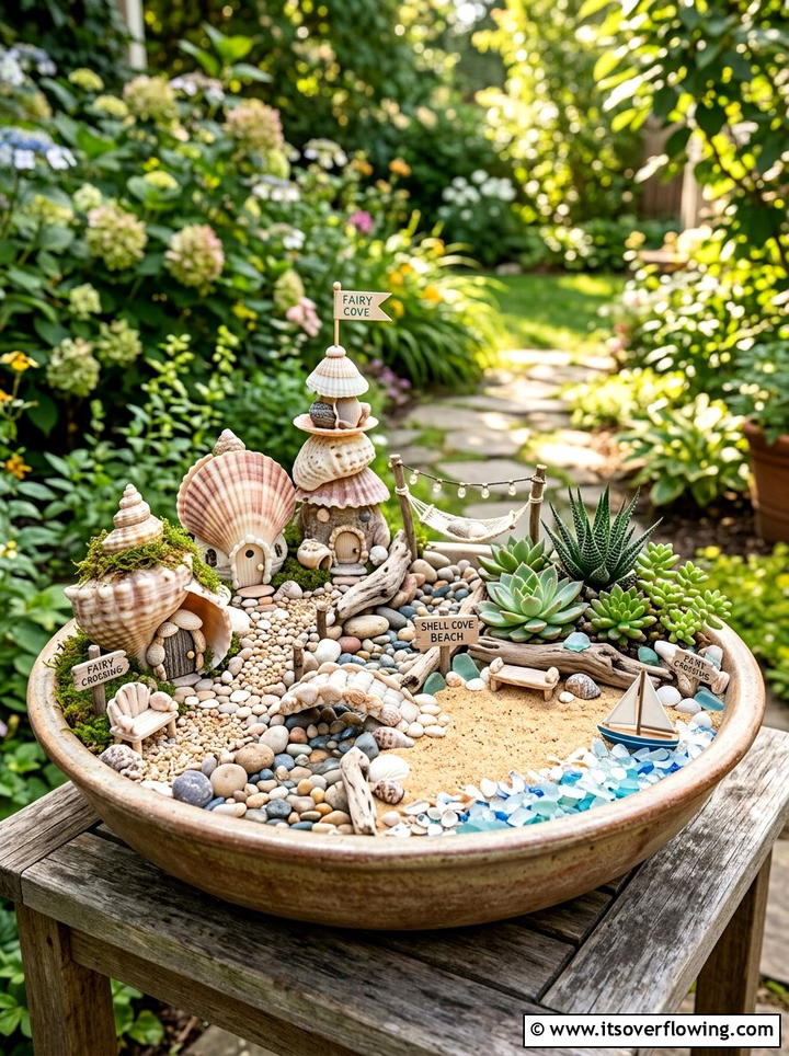 Seashell fairy garden - 25 garden decor ideas with shell accents