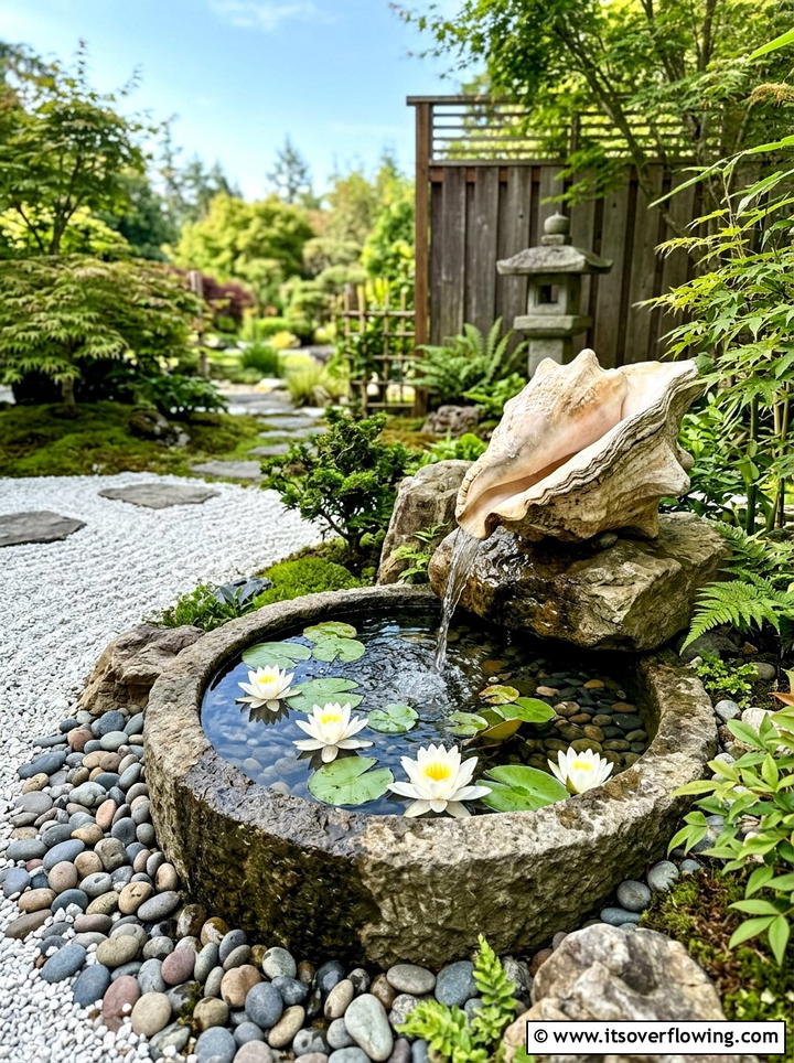 Seashell fountain accent - 25 garden decor ideas with shell accents