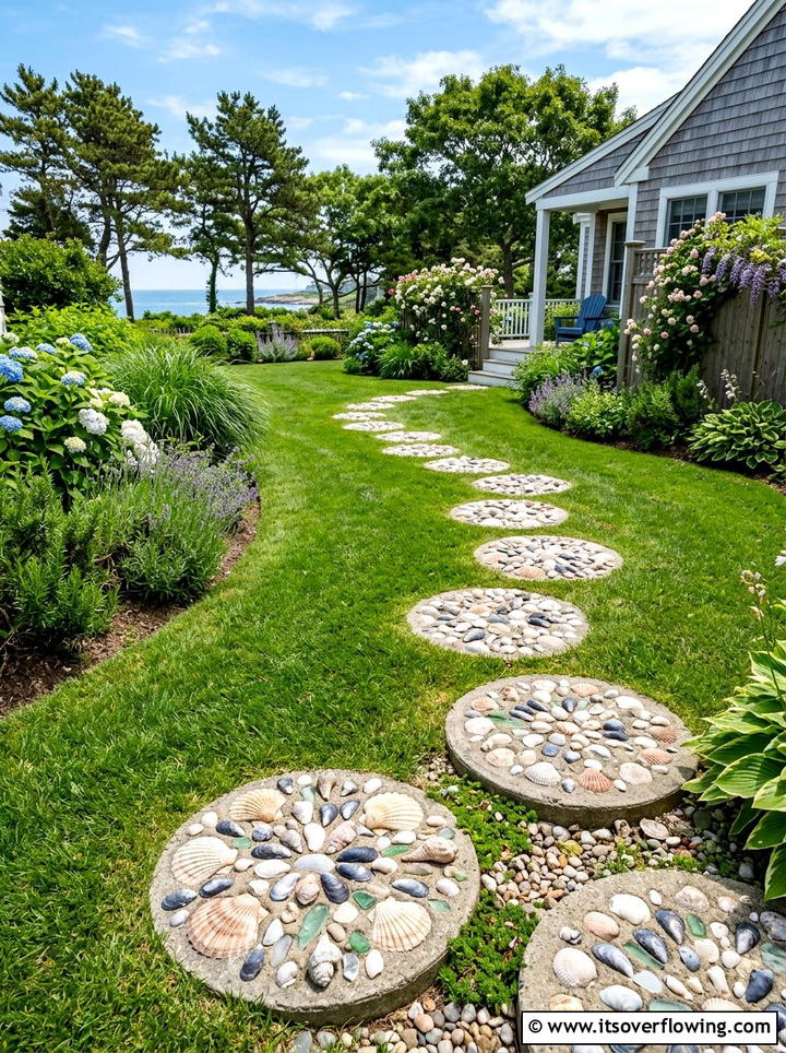 Seashell garden stepping stone - 25 recycled garden ideas with seashells