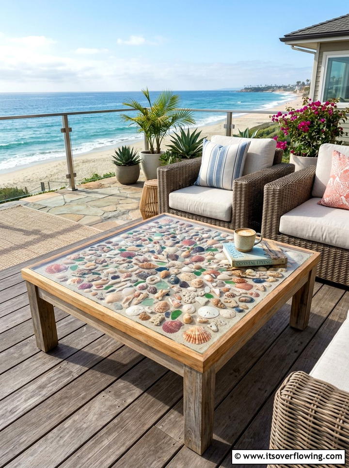 Seashell garden table - 25 recycled garden ideas with seashells