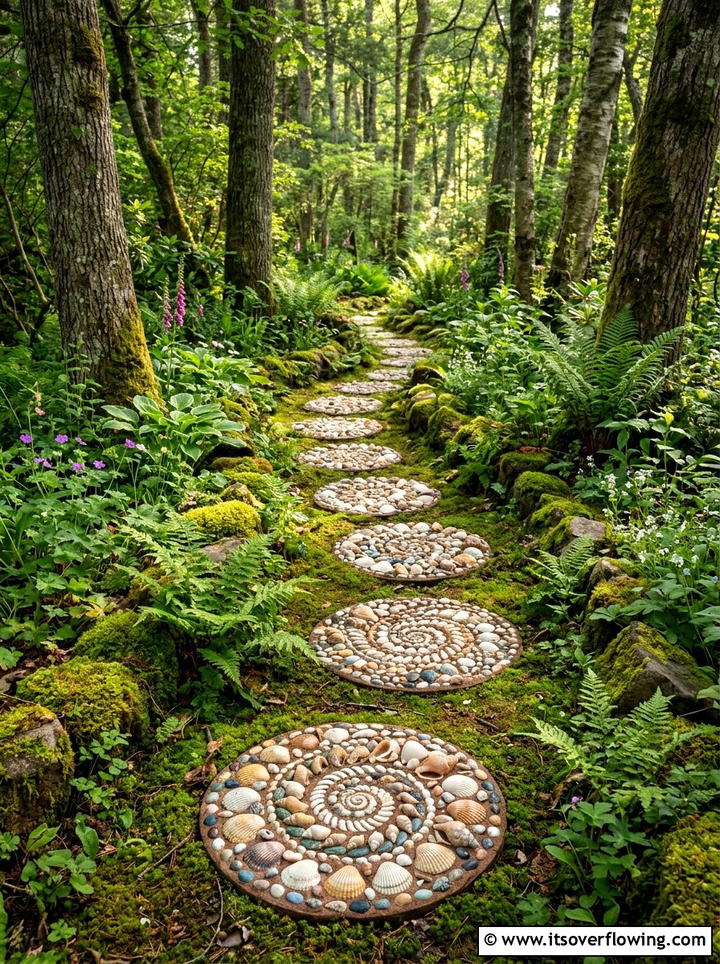 Seashell mosaic stepping stone - 25 garden decor ideas with shell accents