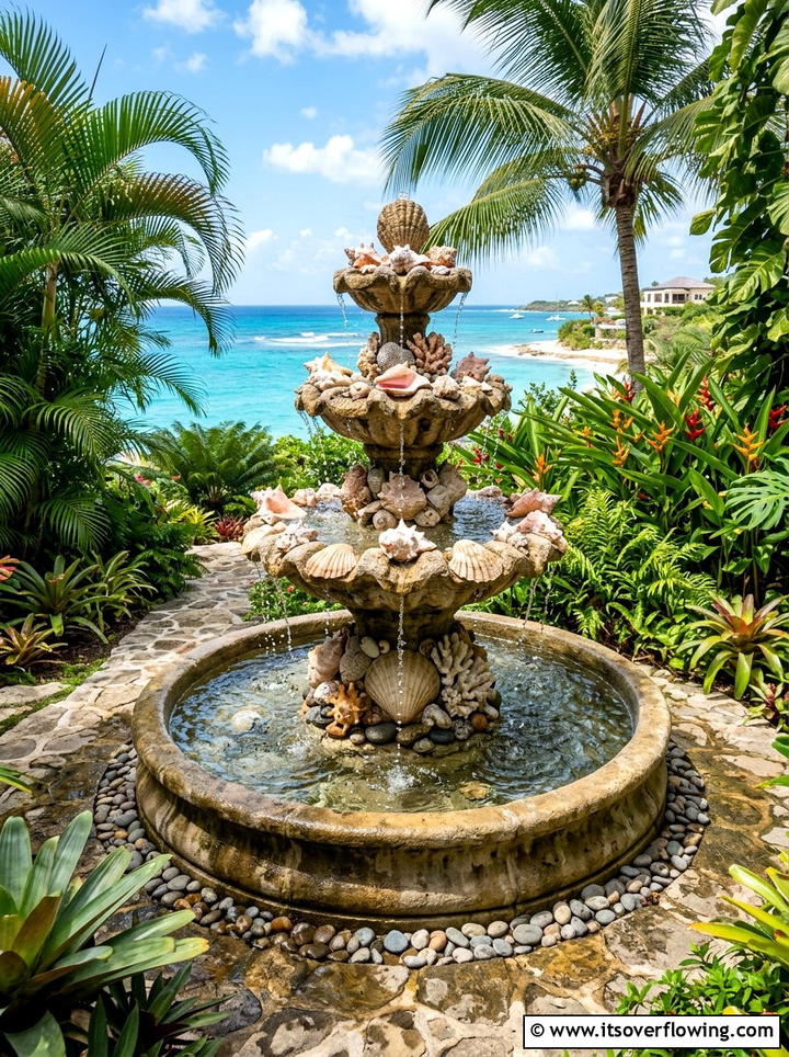 Seashell outdoor fountain - 25 recycled garden ideas with seashells