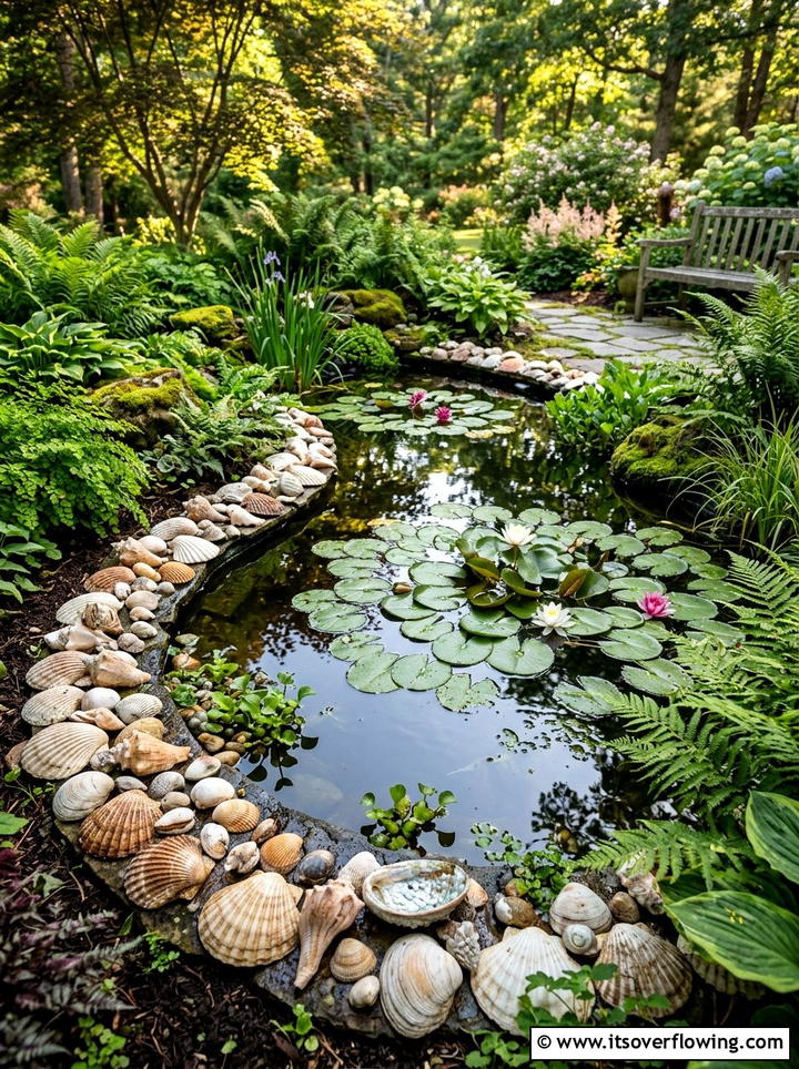 Seashell pond edge - 25 recycled garden ideas with seashells