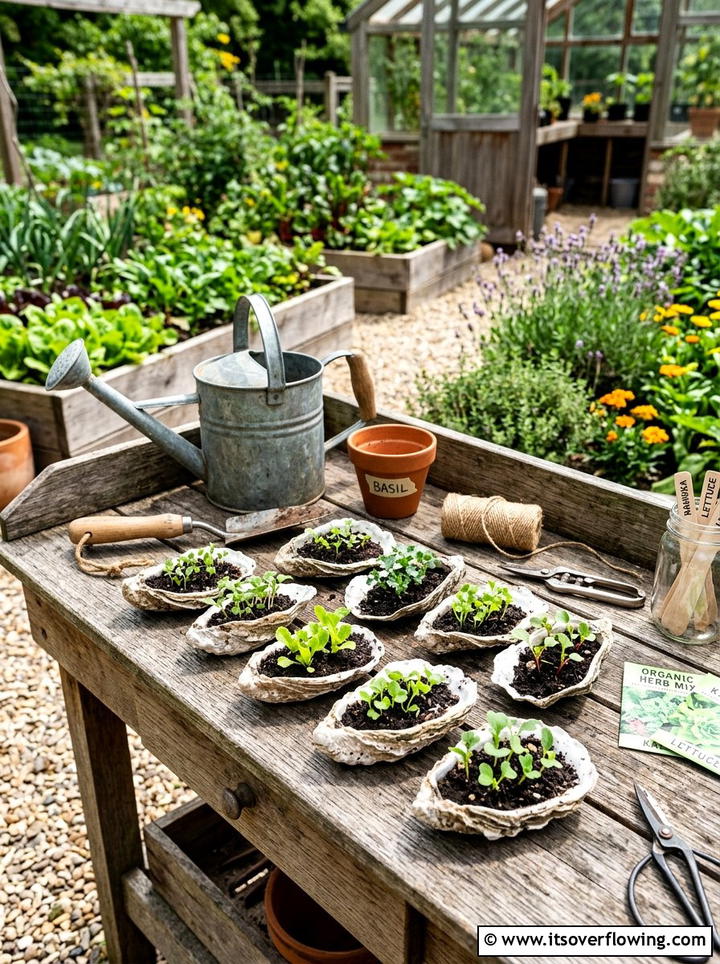 Seashell seed starting tray - 25 recycled garden ideas with seashells