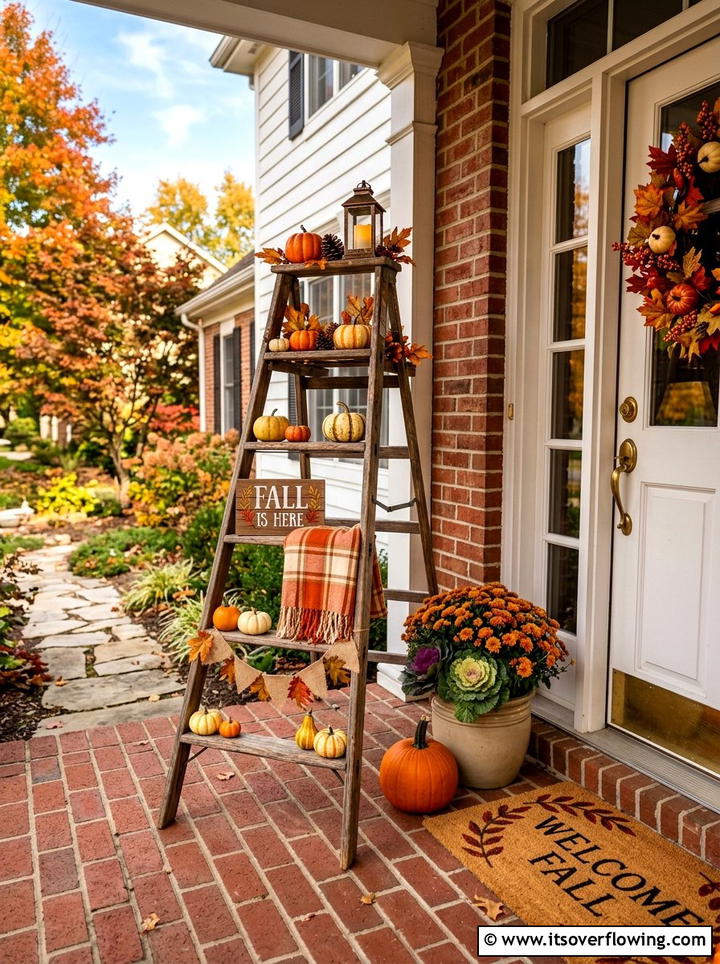 Seasonal Porch Ladder - 25 backyard decorating ideas with vintage ladders