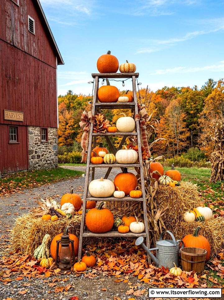 Seasonal Pumpkin Ladder Decor - 25 garden ideas with old ladders
