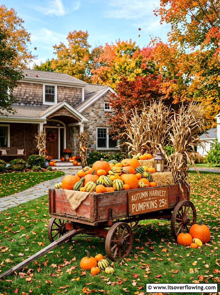 Seasonal Pumpkin Wagon Display - 25 upcycled garden ideas with old wagons