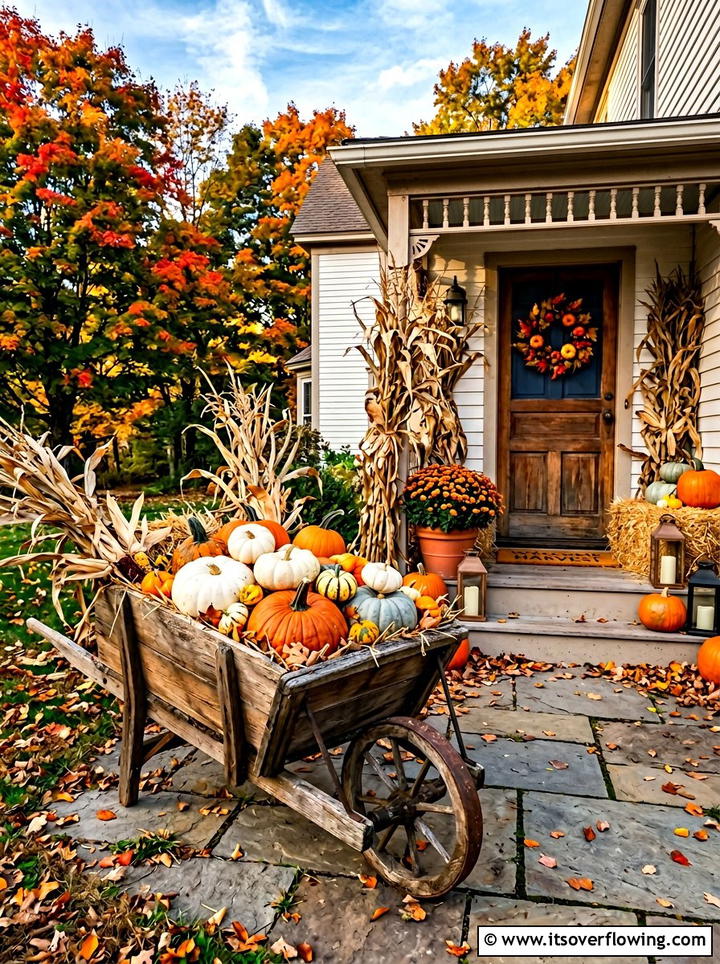 Seasonal Pumpkin Wheelbarrow Display - 25 garden decor ideas with wheelbarrows
