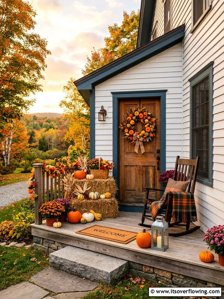 Seasonal autumn porch - 25 front porch decor ideas with floral wreath