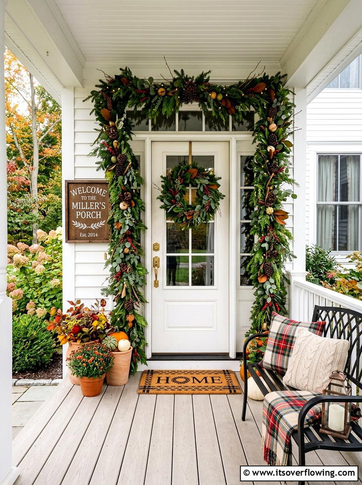 Seasonal porch garland display - 25 front porch decor ideas with personalized welcome sign