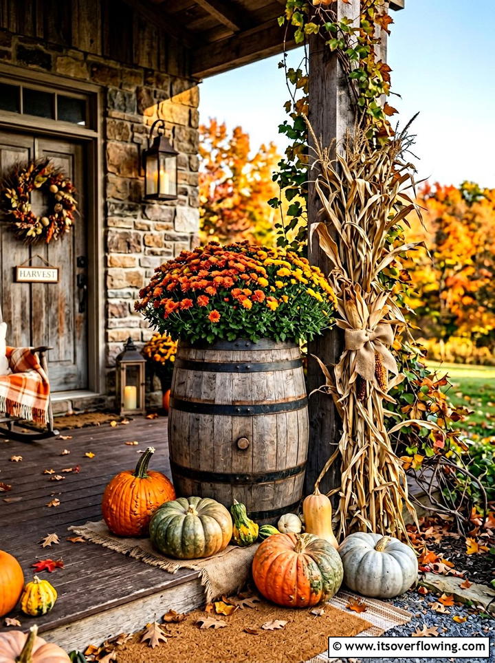 Seasonal pumpkin and barrel porch - 25 front porch ideas with barrel planters