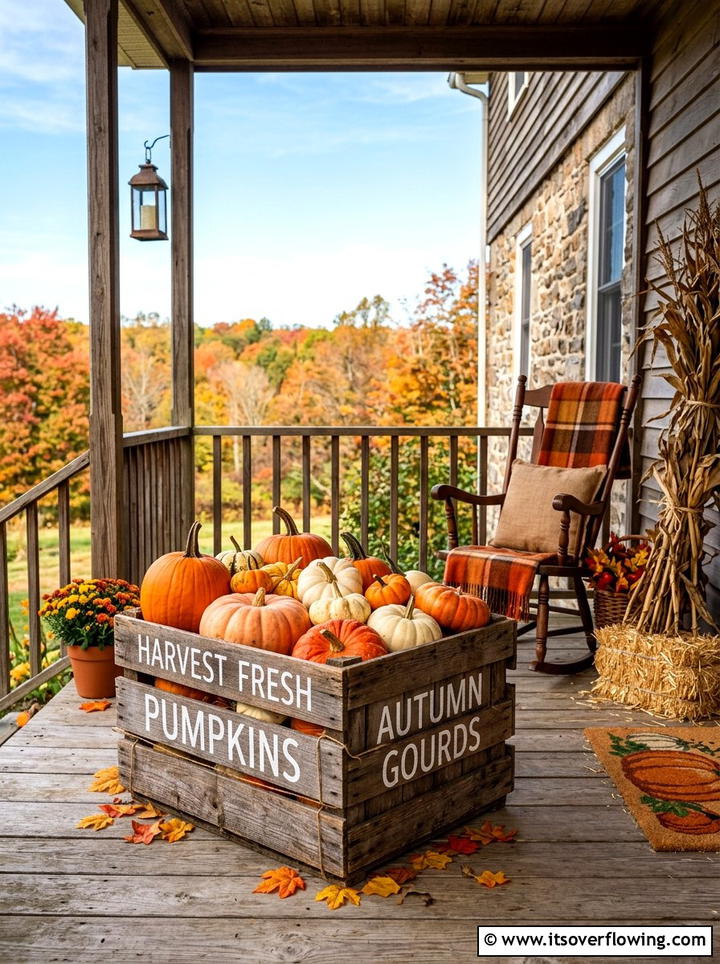 Seasonal pumpkin crate - 25 front porch decor ideas with vintage crates