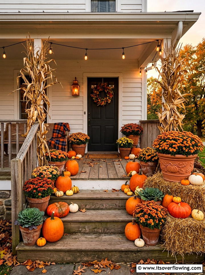 Seasonal pumpkin terracotta porch - 25 front porch ideas with terracotta pots
