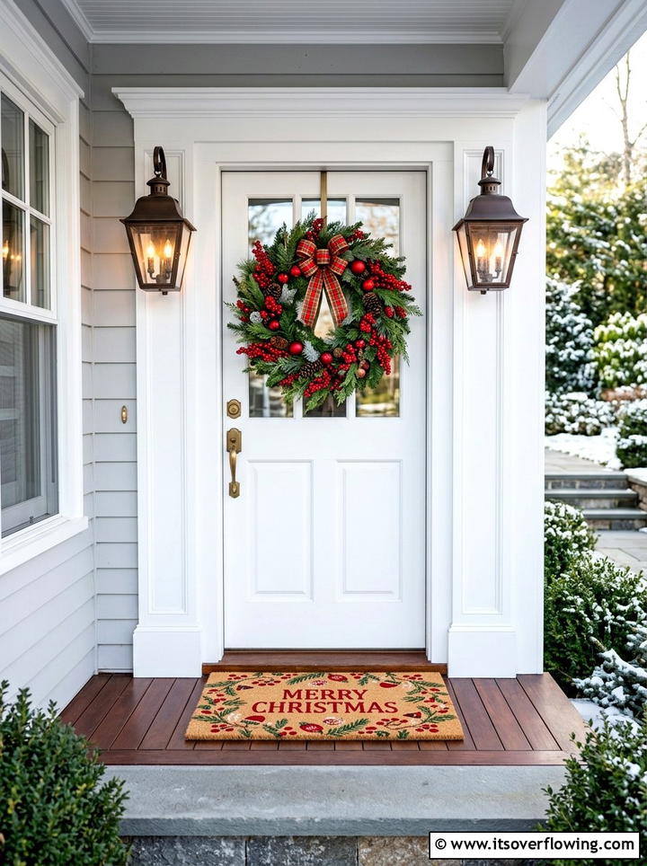 Seasonal wreath and mat combo - 25 front porch ideas with holiday doormat