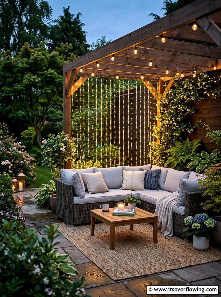 Seating area curtain lights - 25 backyard decorating ideas with holiday lights