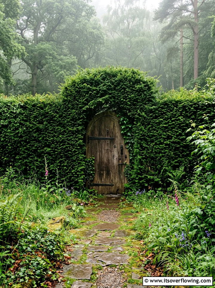 Secret garden door in hedge - 25 garden decor ideas with old doors