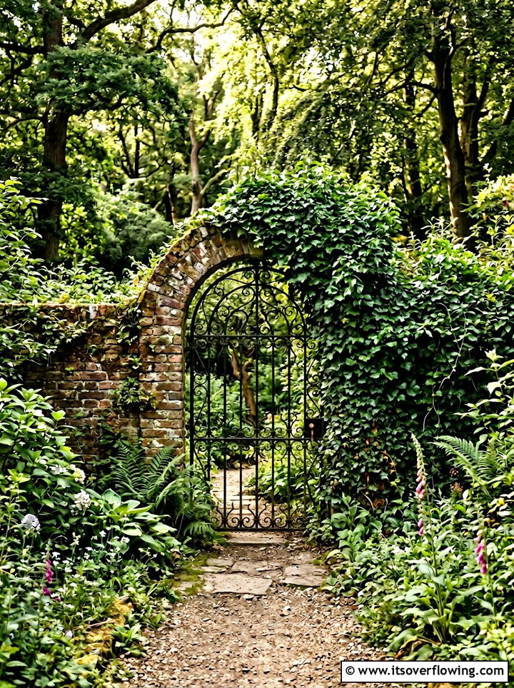 Secret garden gate with ivy coverage - 25 garden decor ideas with gate decorations