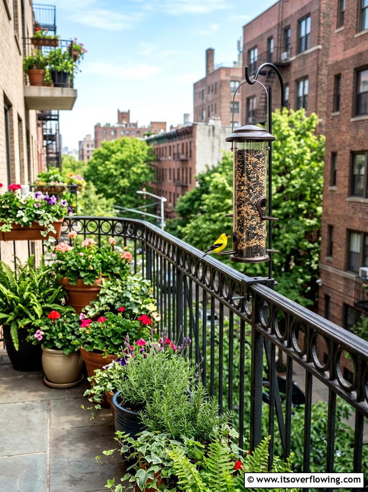 Seed bird feeder on balcony railing - 25 garden ideas with bird feeders