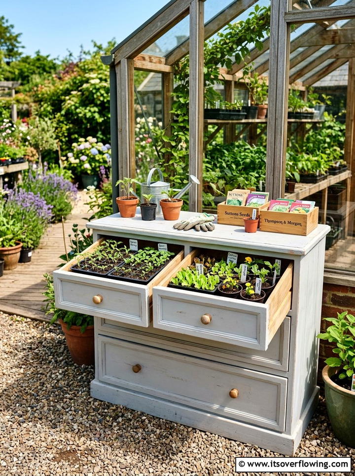 Seedling nursery dresser - 25 upcycled garden ideas with old dressers