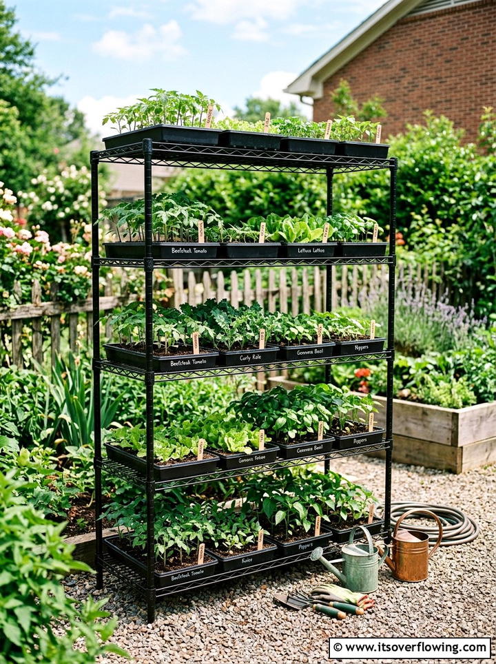 Seedling starter rack - 25 recycled garden ideas with old shelves