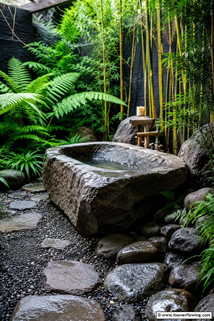 Serene Stone Retreat - 30 Serene Outdoor Bathtub Ideas for a Backyard Oasis