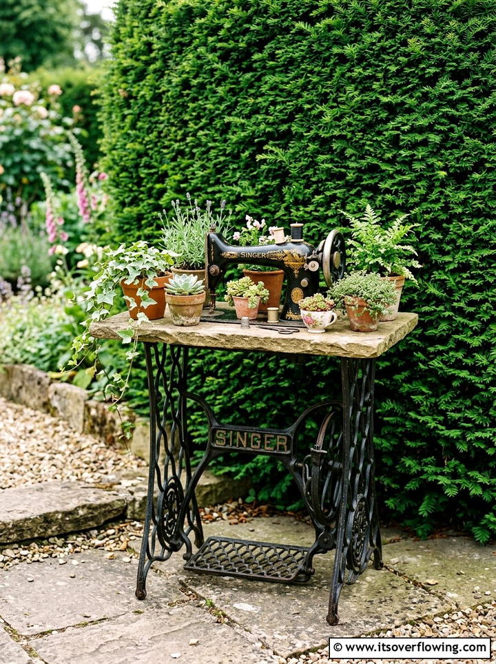 Sewing Machine Garden - 25 backyard ideas with vintage planters