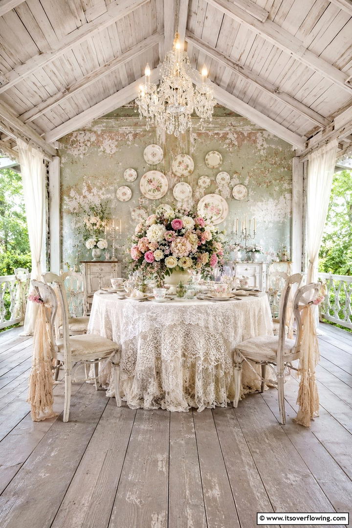 Shabby Chic Centerpiece with Lace and Florals - 30 Rustic Wedding Centerpieces for a Charming Celebration