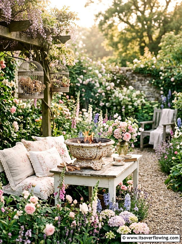 Shabby Chic Garden - 25 backyard decorating ideas with tabletop fire bowls