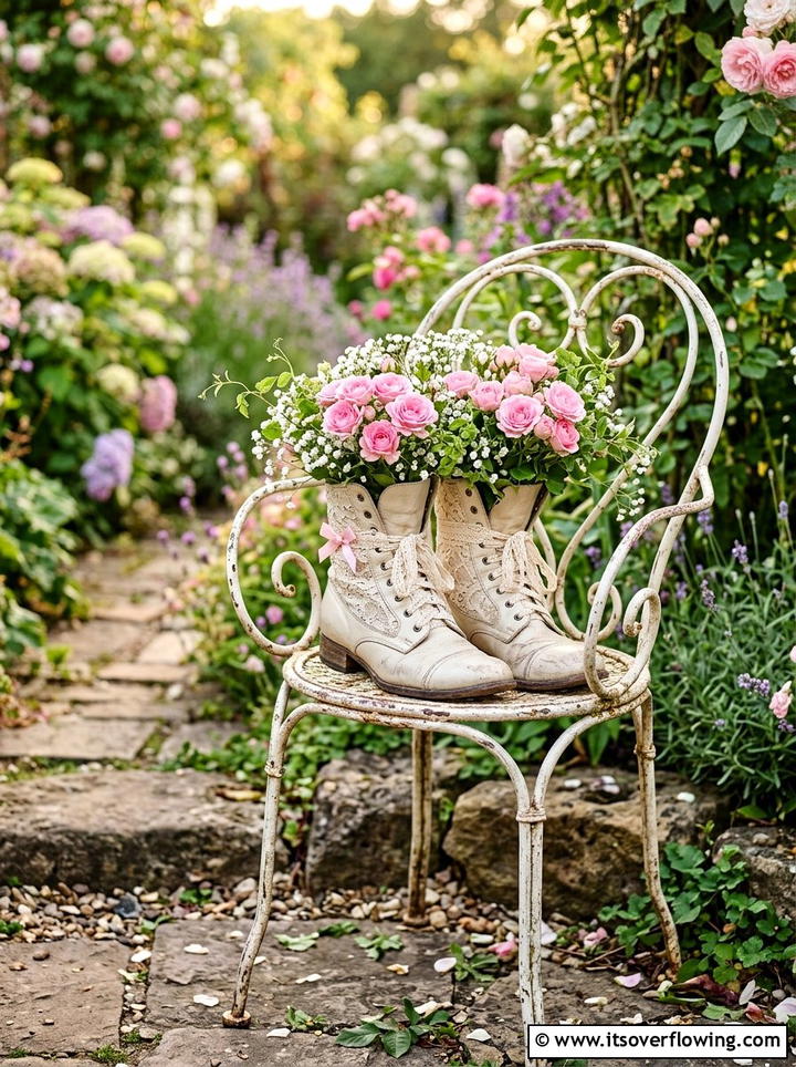 Shabby Chic Lace Boot Planter - 25 upcycled garden ideas with old boots