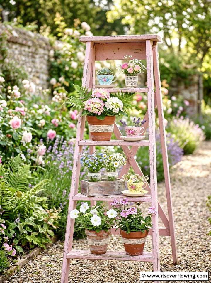 Shabby Chic Plant Ladder - 25 garden decor ideas with ladder plant stands