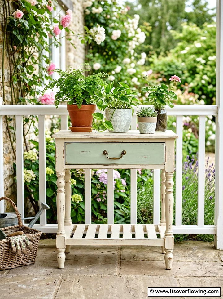 Shabby Chic Plant Stand - 25 upcycled garden ideas with old drawers