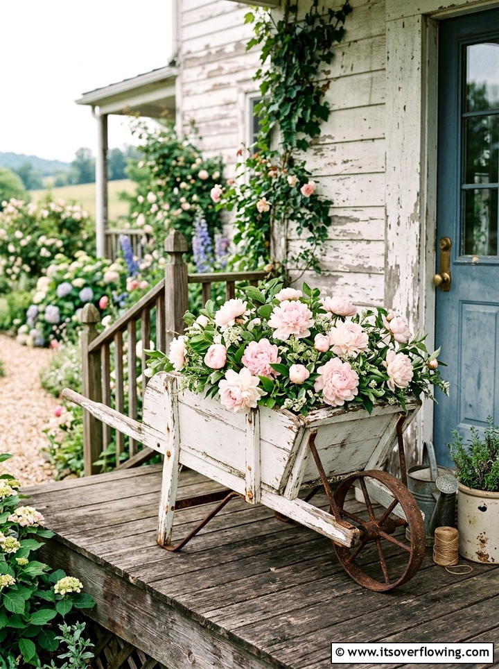 Shabby Chic White Wheelbarrow - 25 garden decor ideas with wheelbarrows