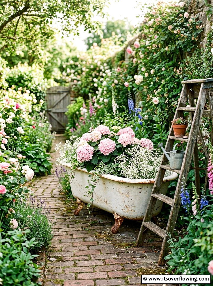 Shabby chic bathtub planter - 25 upcycled garden ideas with old bathtubs