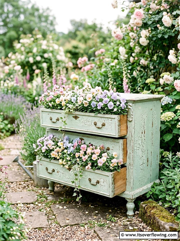 Shabby chic dresser planter - 25 upcycled garden ideas with old dressers