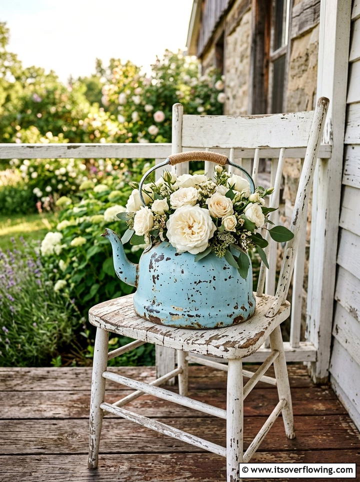 Shabby chic kettle planter - 25 upcycled garden ideas with old kettles