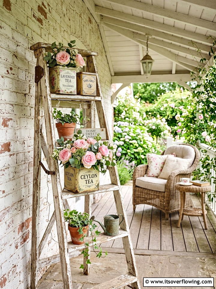 Shabby chic patio ladder - 25 upcycled garden ideas with ladder shelves