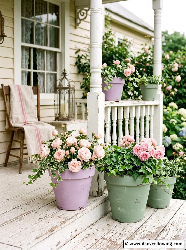 Shabby chic porch with chalk paint pots - 25 creative garden ideas with painted planters