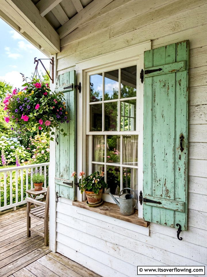 Shabby chic window shutters - 25 front porch ideas with repurposed windows