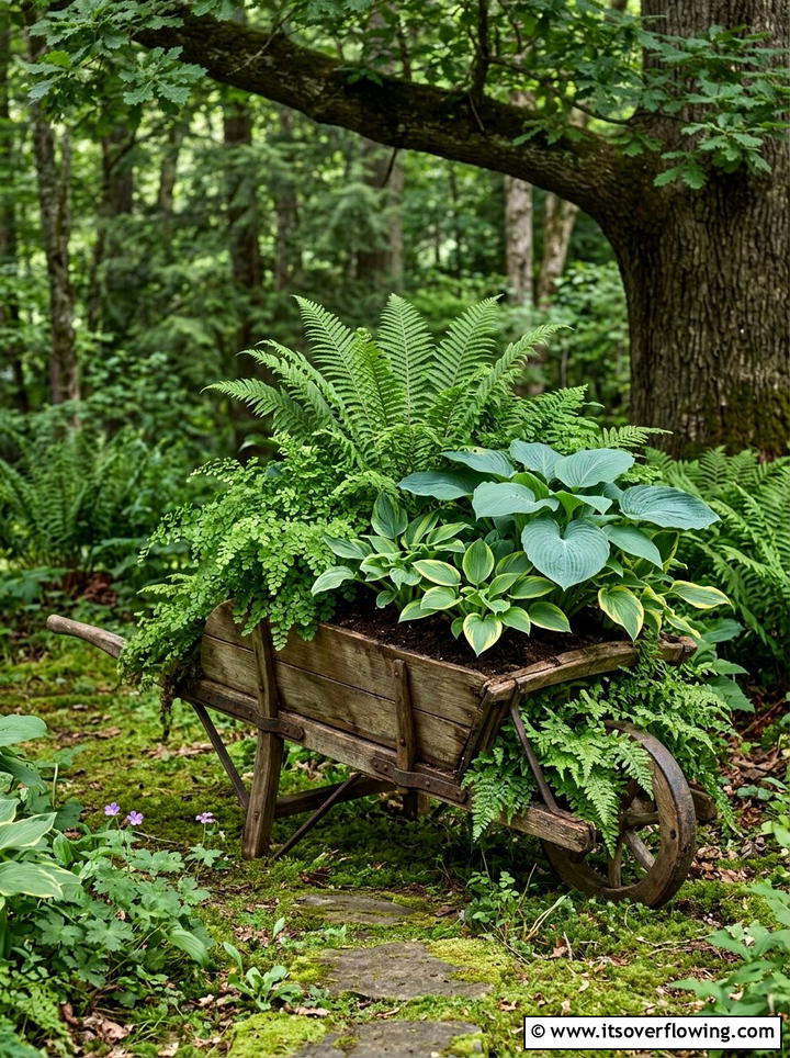 Shade Garden Wheelbarrow With Ferns - 25 garden decor ideas with wheelbarrows