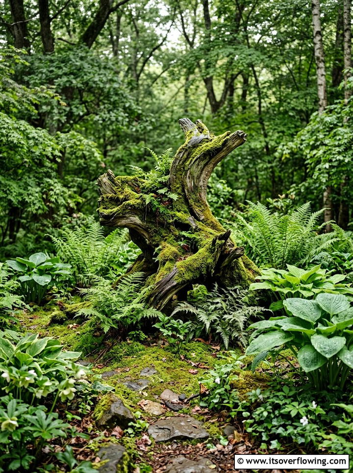Shade garden with mossy wood - 25 garden ideas with driftwood sculptures