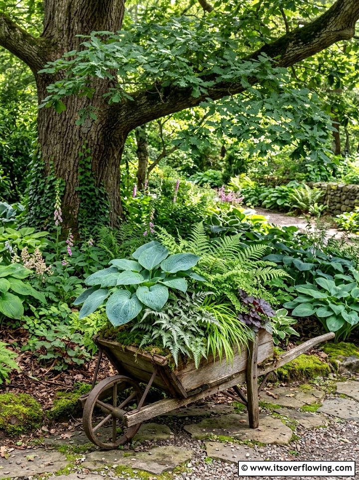 Shade plant wheelbarrow display - 25 upcycled garden ideas with old wheelbarrows