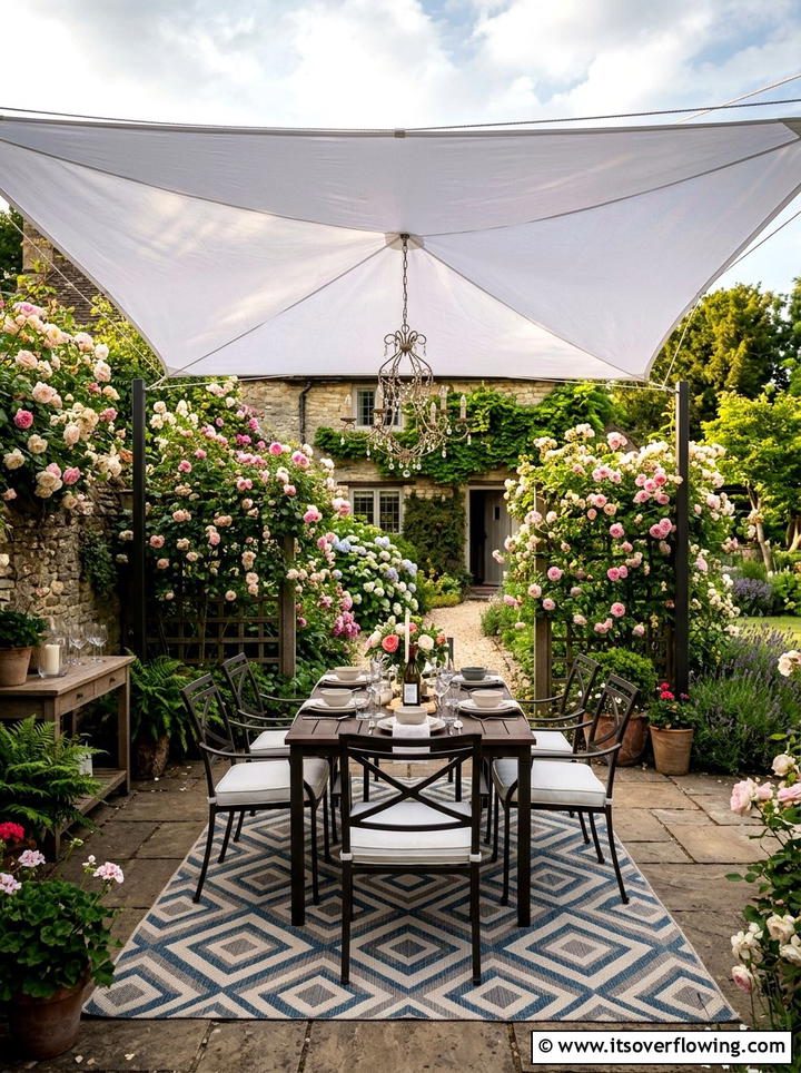 Shade sail outdoor dining area - 25 garden decor ideas with shade sails