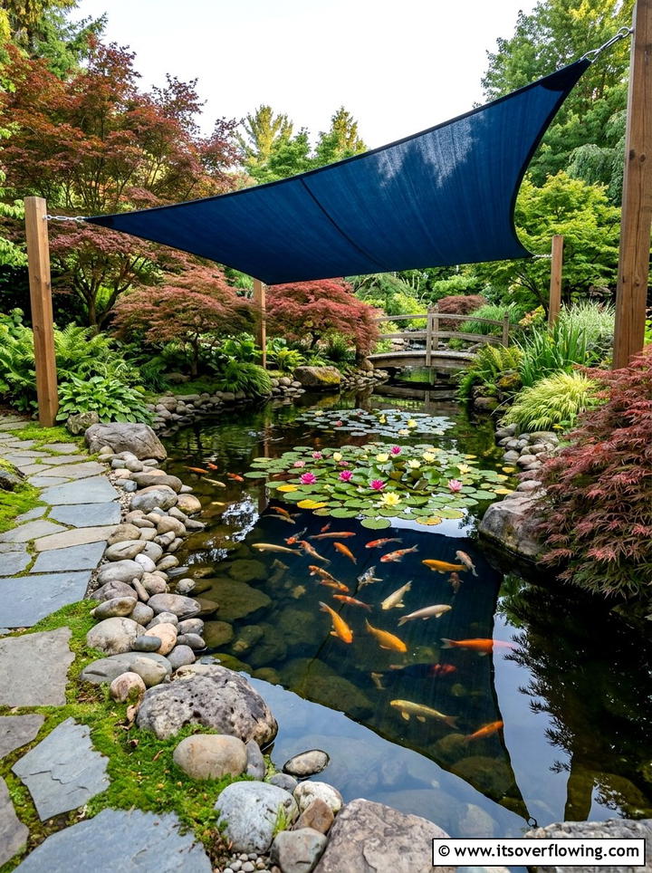 Shade sail over garden pond - 25 garden decor ideas with shade sails