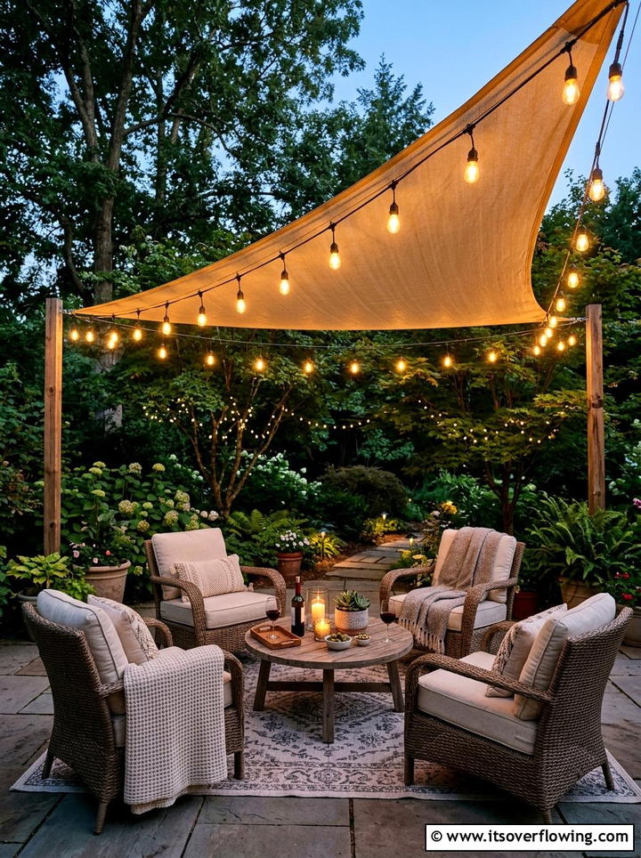 Shade sail with string lights - 25 garden decor ideas with shade sails