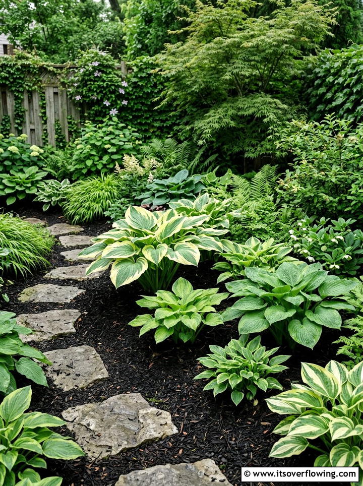 Shady garden with hostas - 25 cheap garden ideas with low maintenance plants