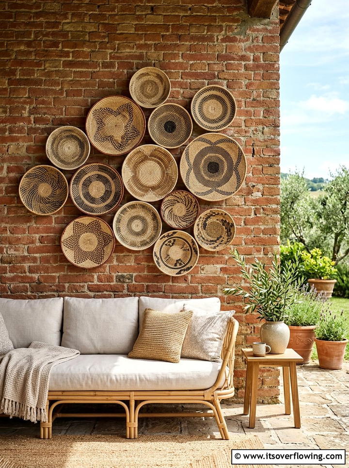 Shallow round basket wall art - 25 front porch decor ideas with baskets
